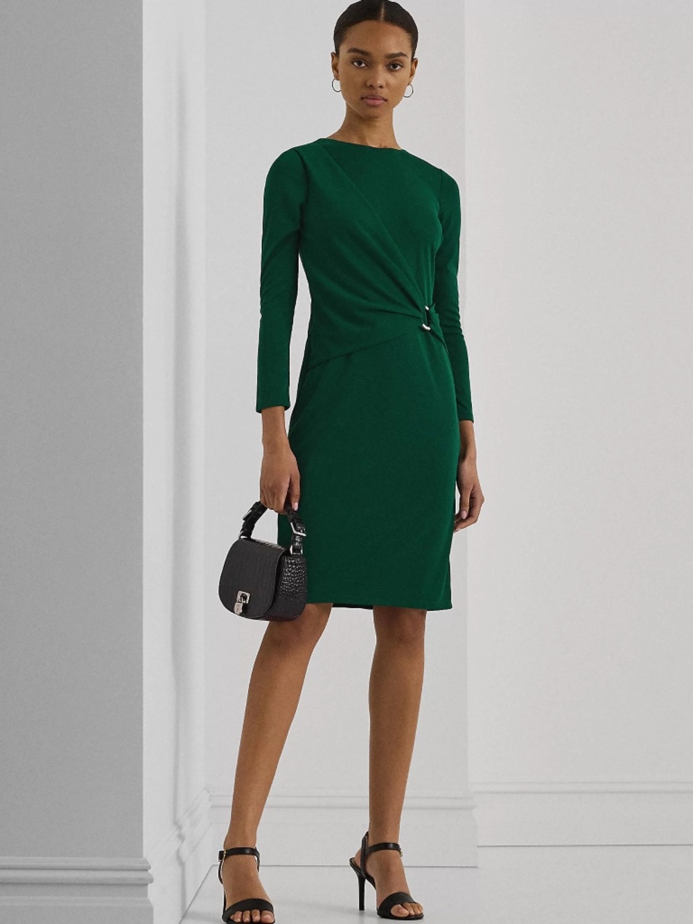 Green Faux Wrap Sheath Dress Long Sleeve Gold Ring Accent Size 8 Lauren Ralph